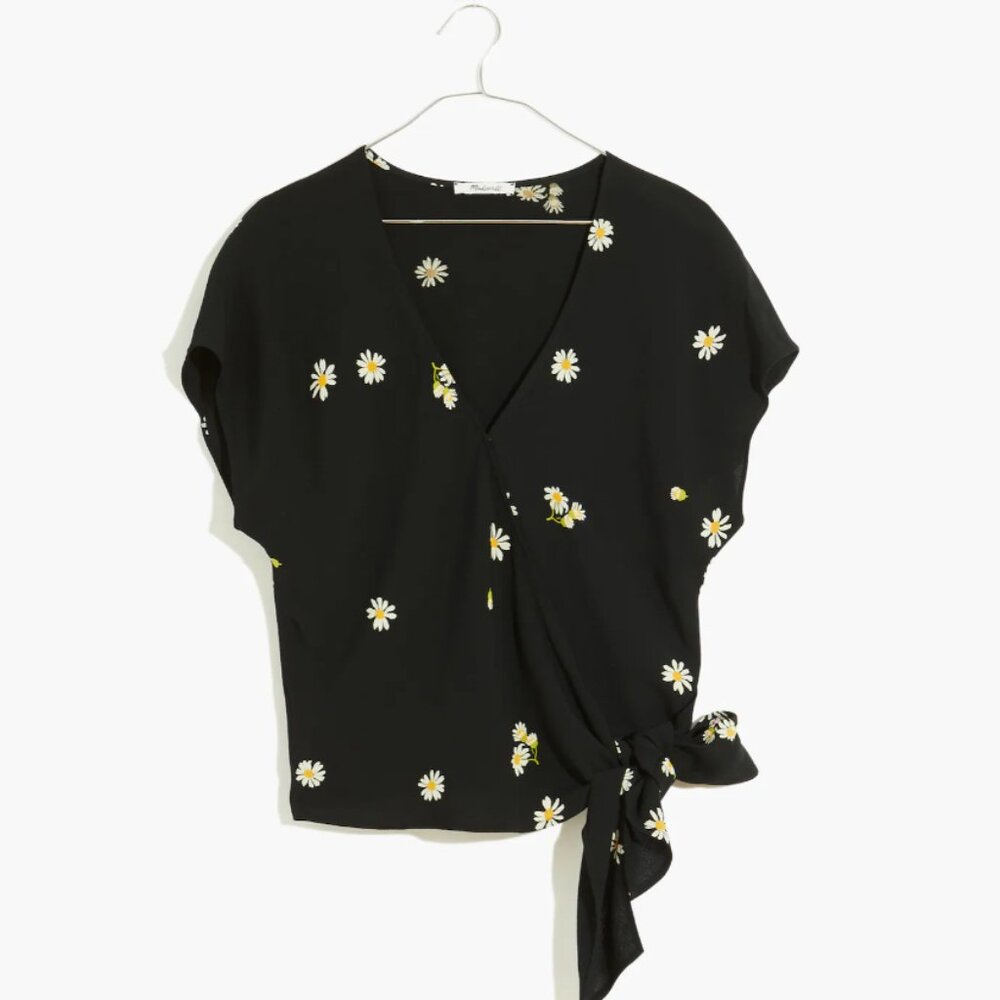 Madewell Black Sash-Tie Top in Lazy Daisies